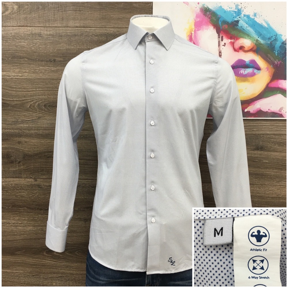 STATE & LIBERTY Mens Athletic Fit Dress Shirt White Blue Micro Dot Size M